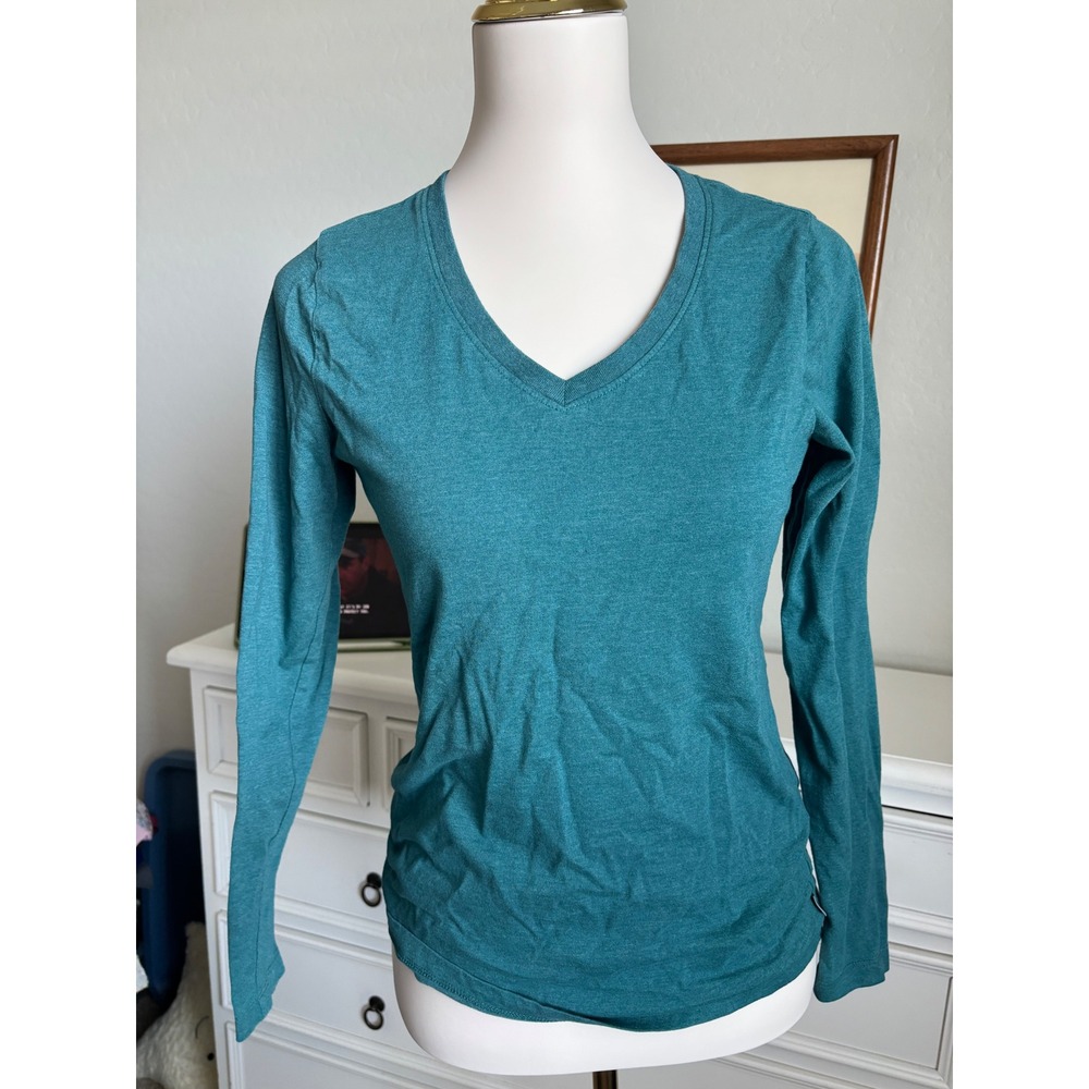 Eddie Bauer Teal V-Neck Long Sleeve T-Shirt Heathered Blue Cotton Blend Top